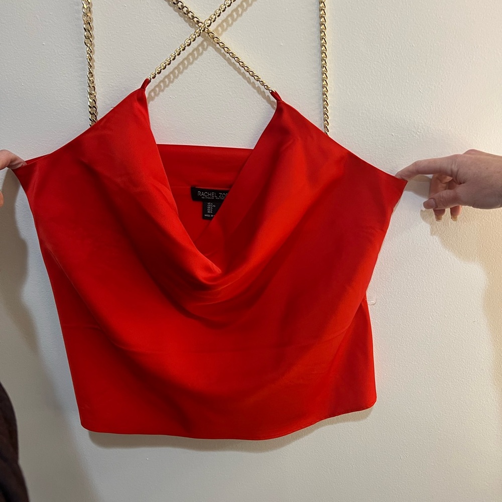 Rachel Zoe Red Draped Cowl Neck Crop Top with Gold Chain Straps